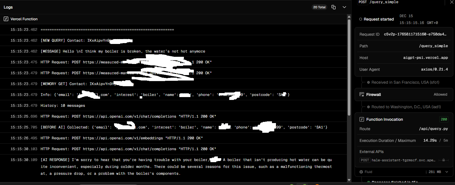Vercel execution logs showing OpenAI responses and Redis memory writes